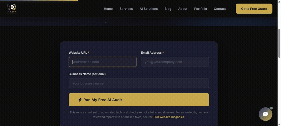 Live recording of the Free AI Website Audit tool scanning a real website and returning a live score